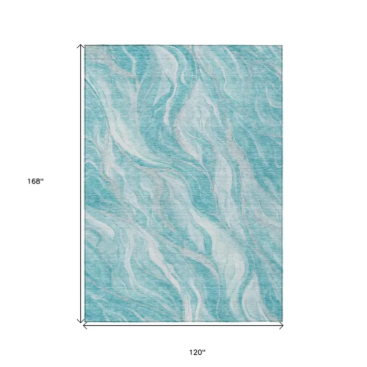 10' X 14' Teal Blue Aqua And Ivory Abstract Washable Indoor Outdoor Area Rug