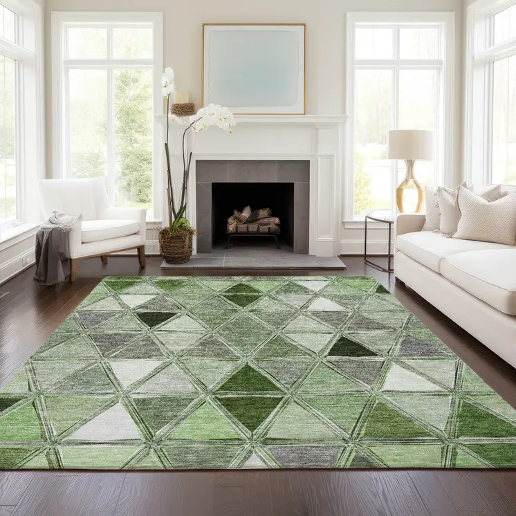 10' X 14' Green And Fern Green Geometric Washable Indoor Outdoor Area Rug