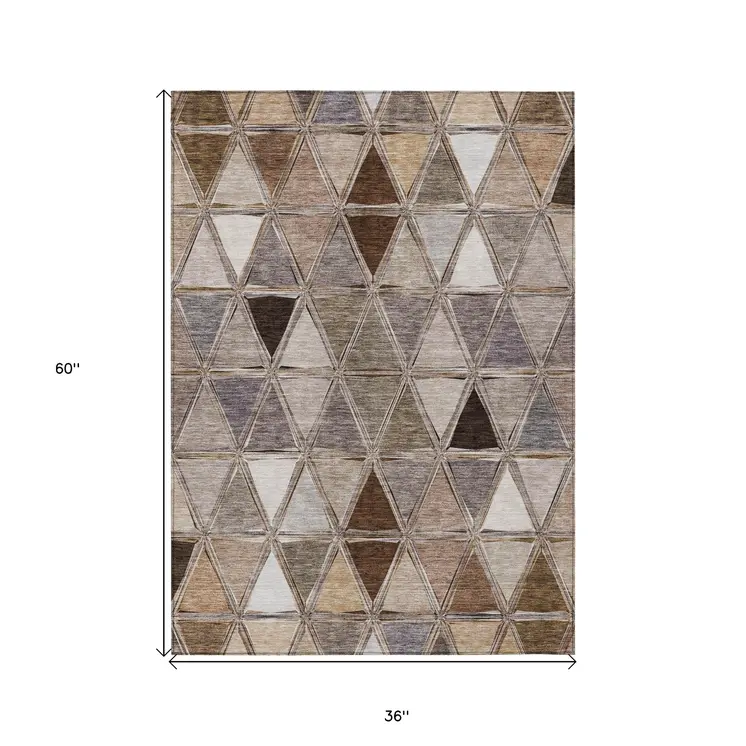 3' X 5' Brown Beige And Khaki Geometric Washable Indoor Outdoor Area Rug