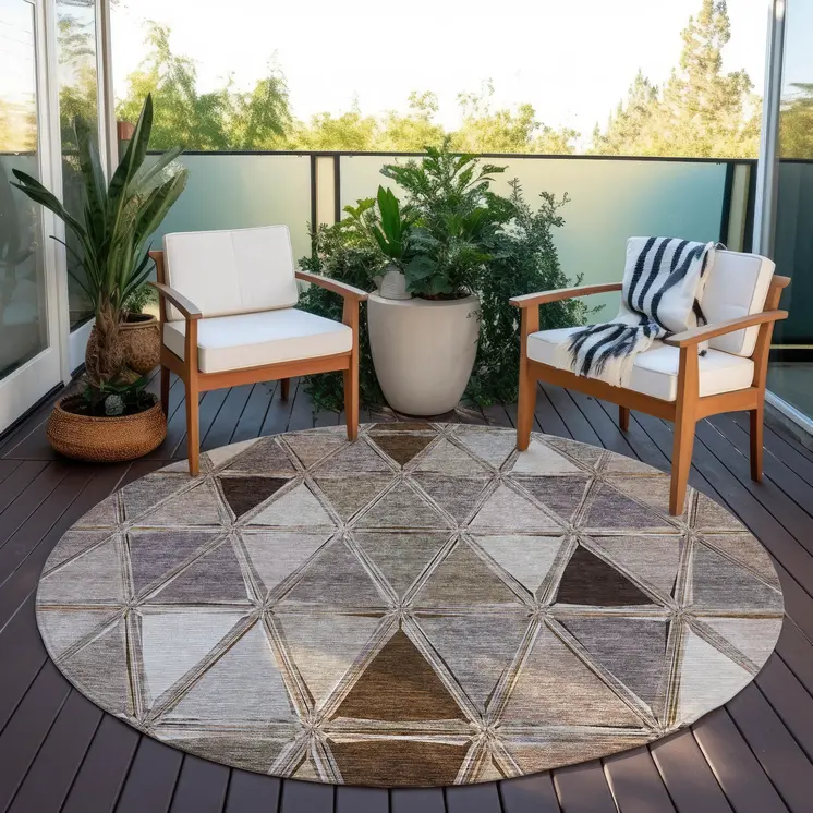 8' Brown Beige And Khaki Round Geometric Washable Indoor Outdoor Area Rug