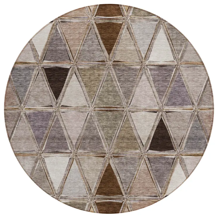 8' Brown Beige And Khaki Round Geometric Washable Indoor Outdoor Area Rug