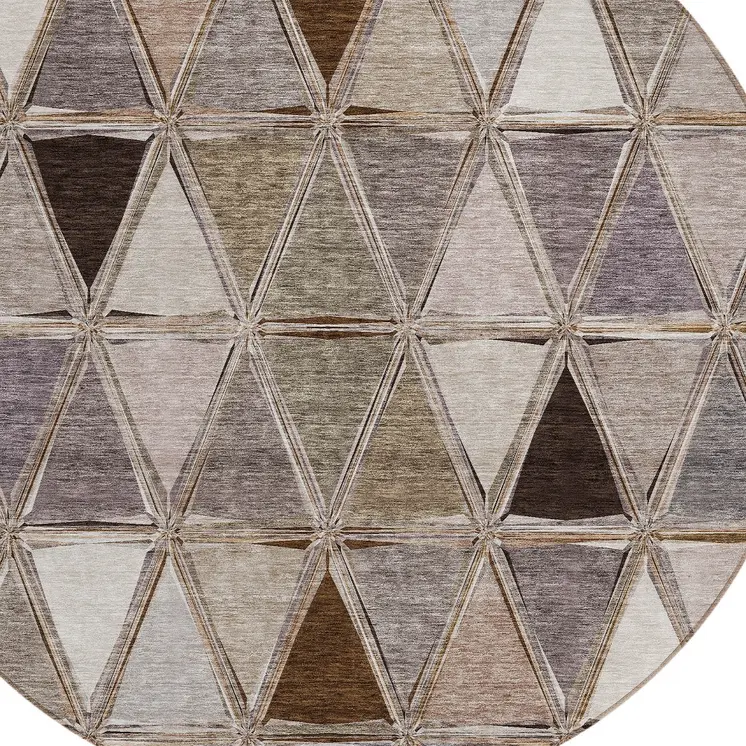 8' Brown Beige And Khaki Round Geometric Washable Indoor Outdoor Area Rug
