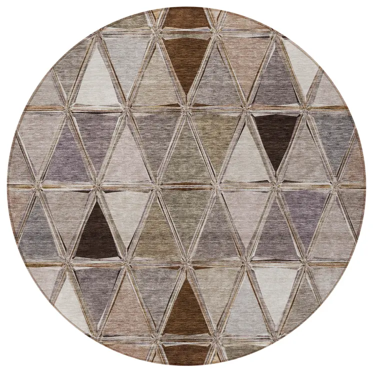 8' Brown Beige And Khaki Round Geometric Washable Indoor Outdoor Area Rug
