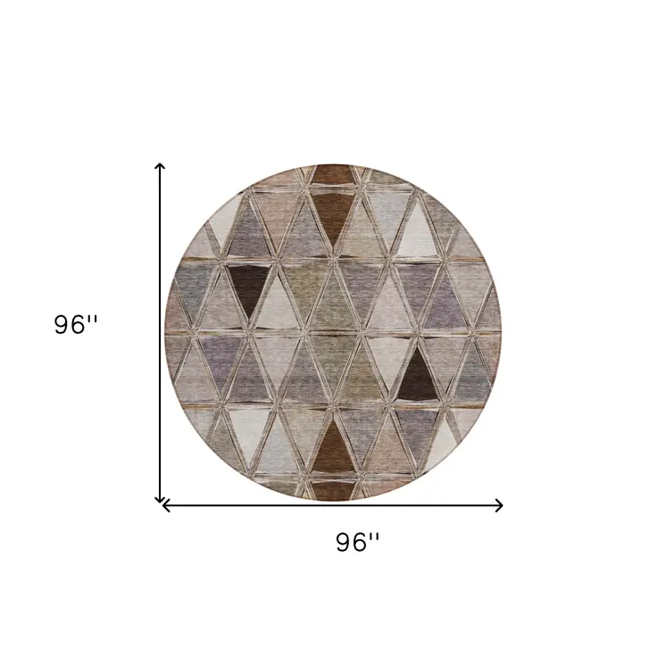 8' Brown Beige And Khaki Round Geometric Washable Indoor Outdoor Area Rug