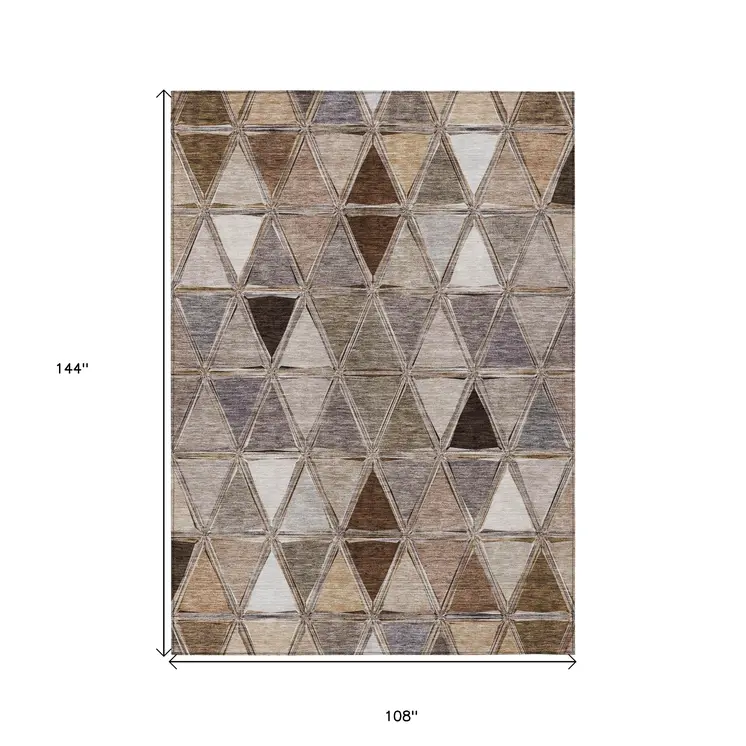 9' X 12' Brown Beige And Khaki Geometric Washable Indoor Outdoor Area Rug