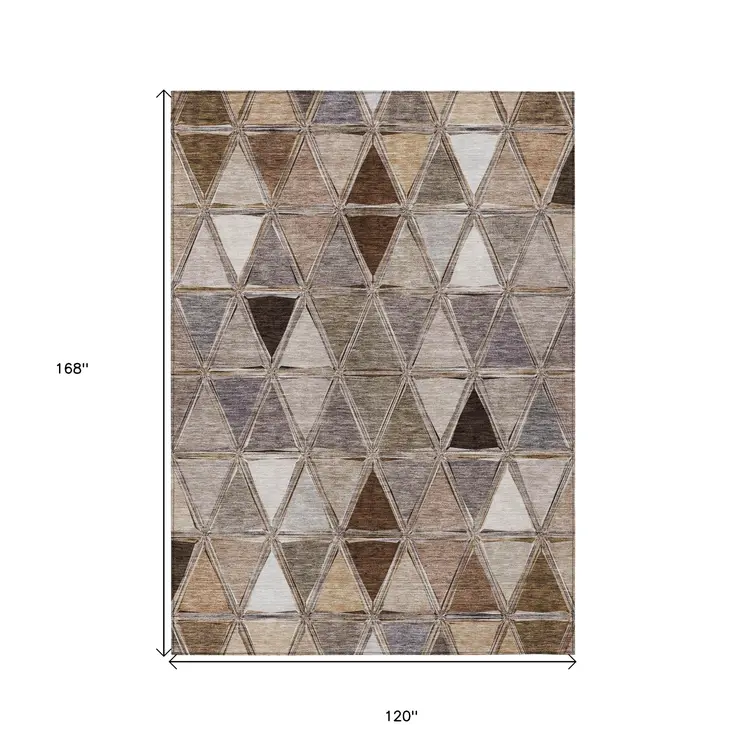 10' X 14' Brown Beige And Khaki Geometric Washable Indoor Outdoor Area Rug