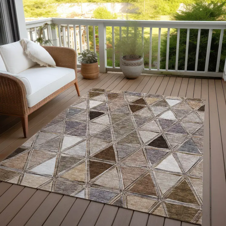 10' X 14' Brown Beige And Khaki Geometric Washable Indoor Outdoor Area Rug
