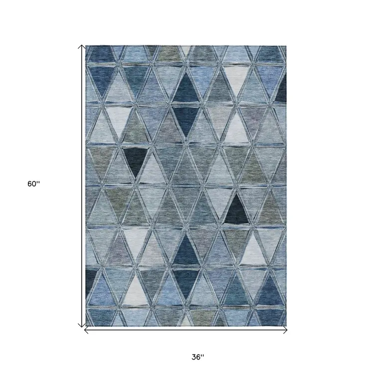 3' X 5' Denim Blue And Sky Blue Geometric Washable Indoor Outdoor Area Rug