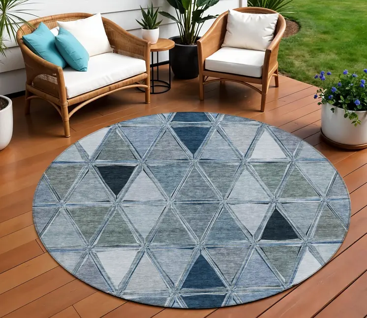 8' Denim Blue And Sky Blue Round Geometric Washable Indoor Outdoor Area Rug