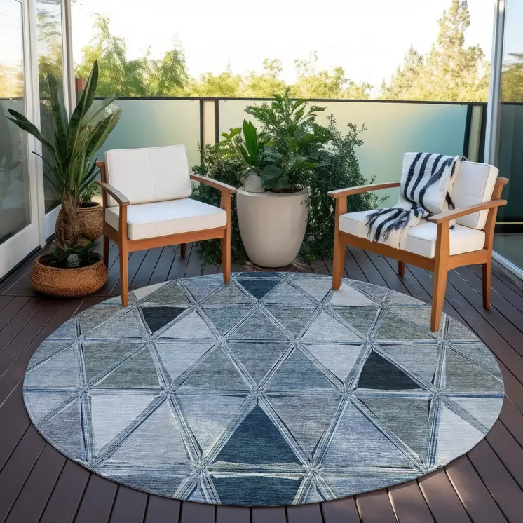 8' Denim Blue And Sky Blue Round Geometric Washable Indoor Outdoor Area Rug