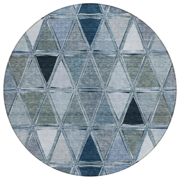 8' Denim Blue And Sky Blue Round Geometric Washable Indoor Outdoor Area Rug