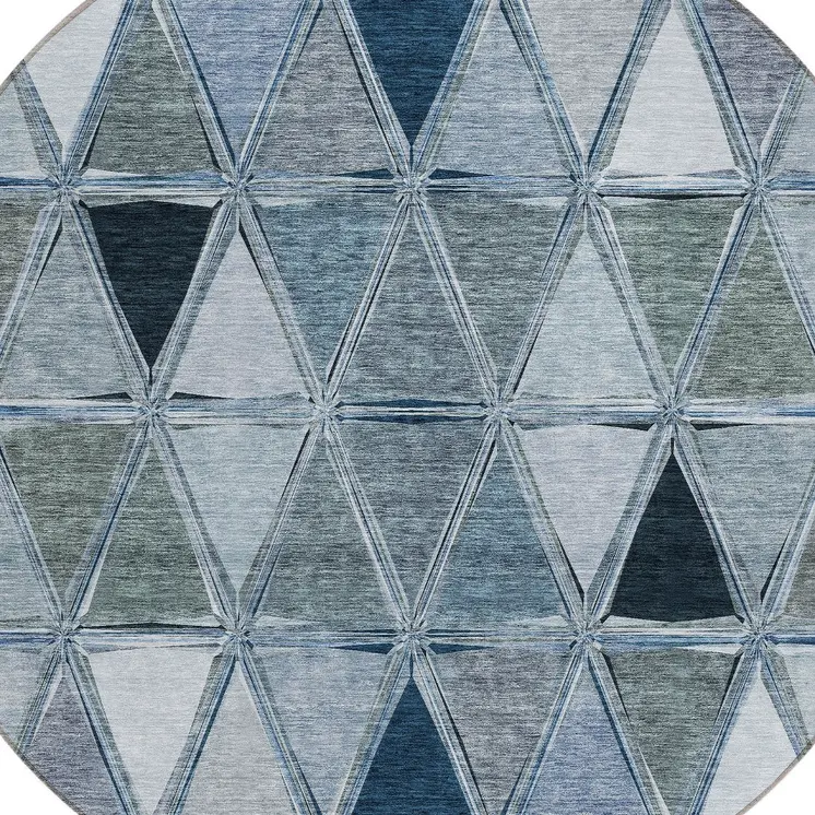 8' Denim Blue And Sky Blue Round Geometric Washable Indoor Outdoor Area Rug