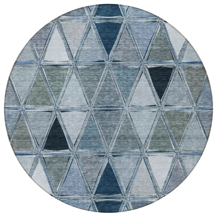 8' Denim Blue And Sky Blue Round Geometric Washable Indoor Outdoor Area Rug