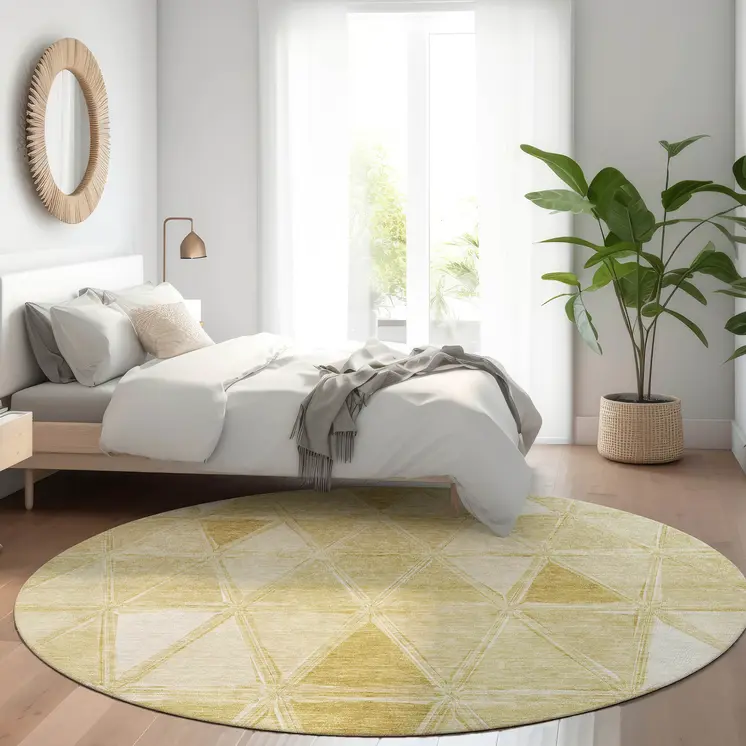 8' Gold Wheat And Ivory Round Geometric Washable Indoor Outdoor Area Rug