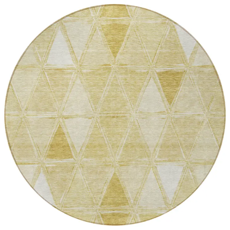 8' Gold Wheat And Ivory Round Geometric Washable Indoor Outdoor Area Rug