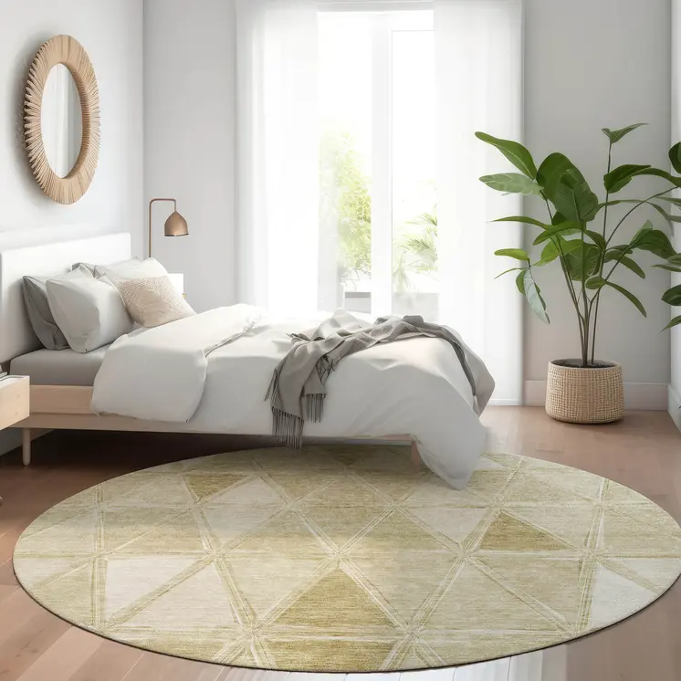 8' Khaki Beige And Tan Round Geometric Washable Indoor Outdoor Area Rug