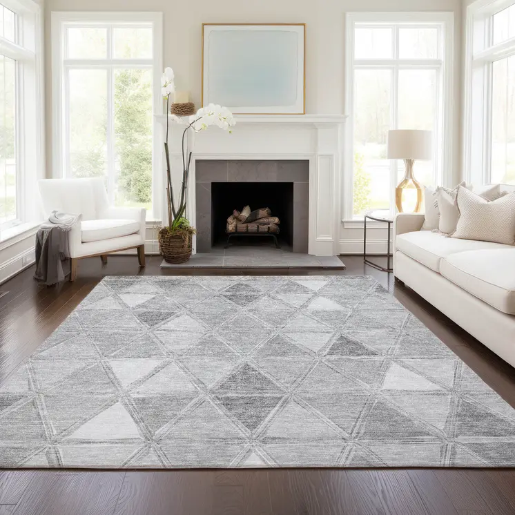 5' X 8' Gray Silver And Ivory Geometric Washable Indoor Outdoor Area Rug