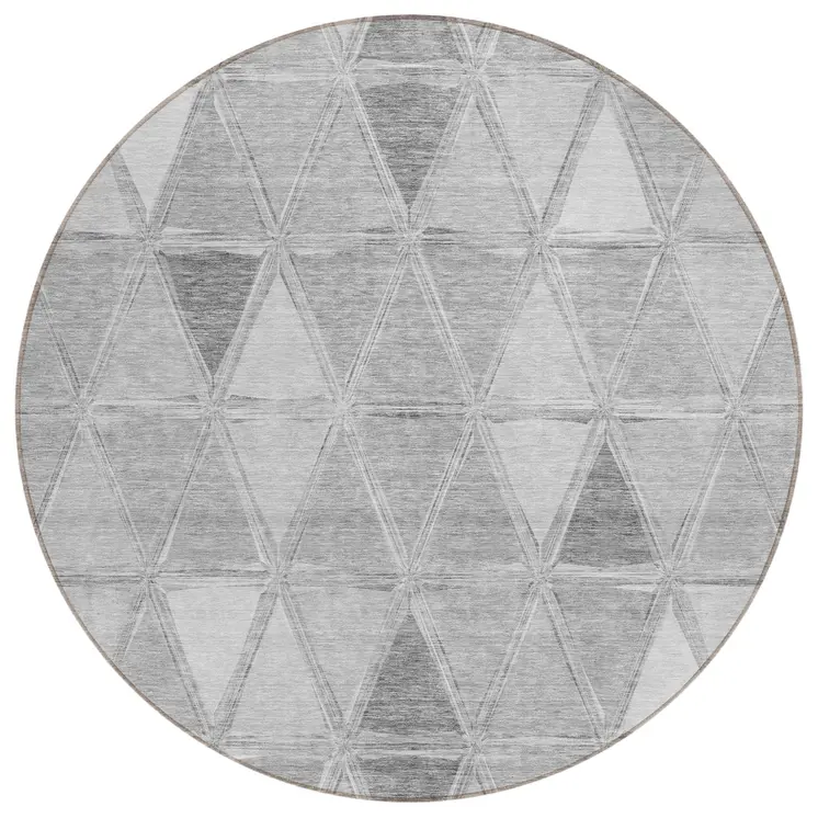 8' Gray Silver And Ivory Round Geometric Washable Indoor Outdoor Area Rug