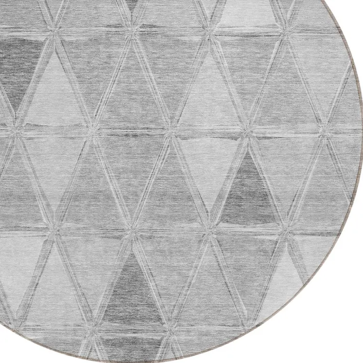 8' Gray Silver And Ivory Round Geometric Washable Indoor Outdoor Area Rug