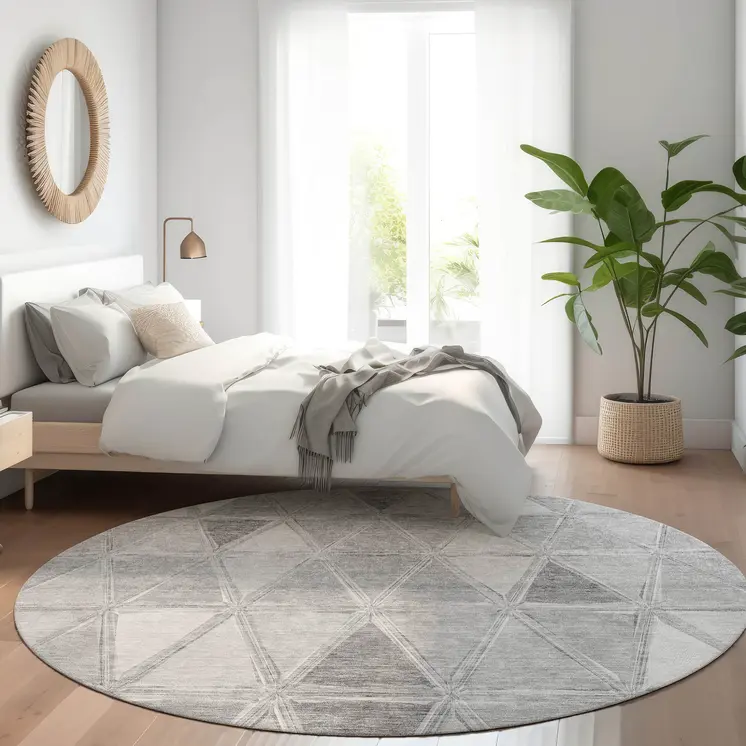 8' Gray Silver And Ivory Round Geometric Washable Indoor Outdoor Area Rug