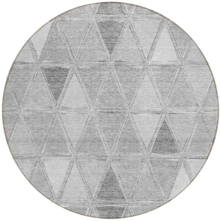 8' Gray Silver And Ivory Round Geometric Washable Indoor Outdoor Area Rug