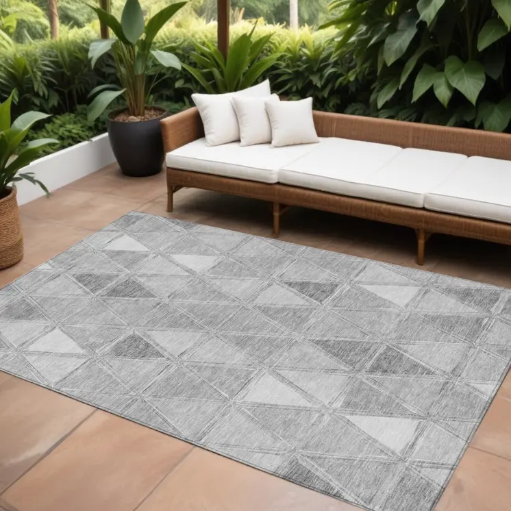 10' X 14' Gray Silver And Ivory Geometric Washable Indoor Outdoor Area Rug