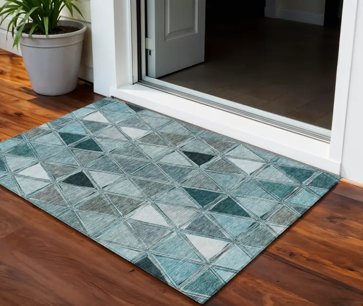 3' X 5' Teal Blue Aqua And Gray Geometric Washable Indoor Outdoor Area Rug