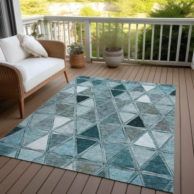 3' X 5' Teal Blue Aqua And Gray Geometric Washable Indoor Outdoor Area Rug
