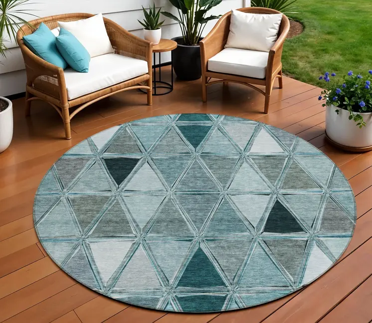 8' Teal Blue Aqua And Gray Round Geometric Washable Indoor Outdoor Area Rug