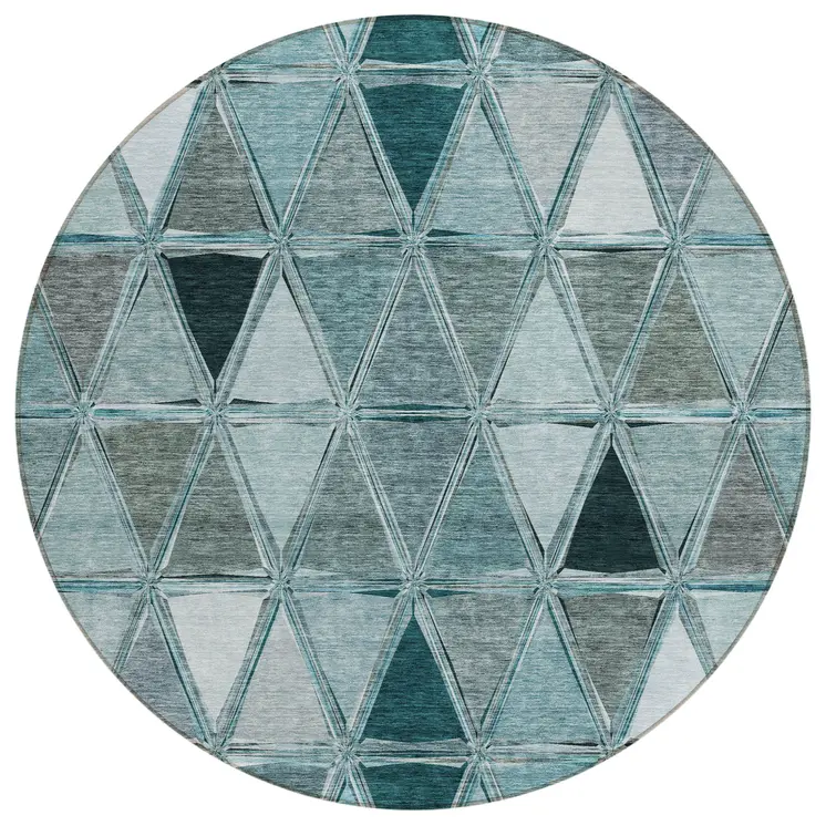 8' Teal Blue Aqua And Gray Round Geometric Washable Indoor Outdoor Area Rug