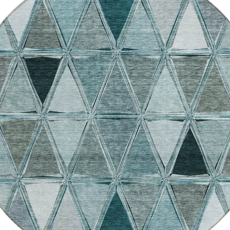 8' Teal Blue Aqua And Gray Round Geometric Washable Indoor Outdoor Area Rug