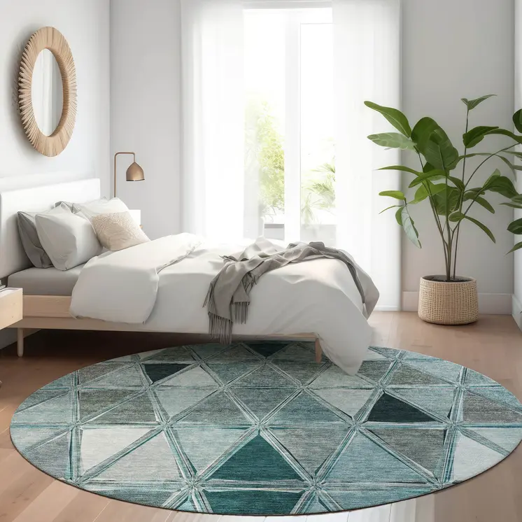 8' Teal Blue Aqua And Gray Round Geometric Washable Indoor Outdoor Area Rug