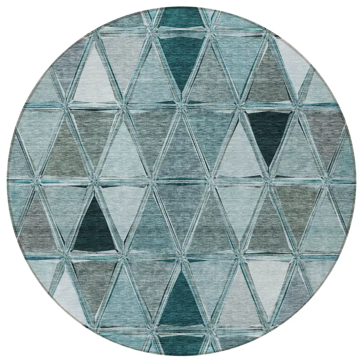 8' Teal Blue Aqua And Gray Round Geometric Washable Indoor Outdoor Area Rug