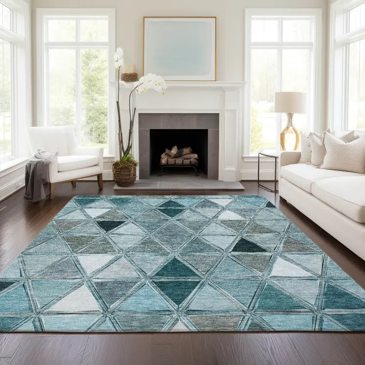 9' X 12' Teal Blue Aqua And Gray Geometric Washable Indoor Outdoor Area Rug