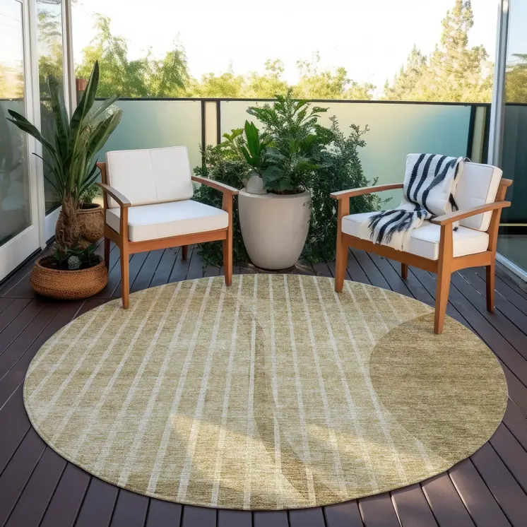 8' Brown Taupe And Ivory Round Striped Washable Indoor Outdoor Area Rug