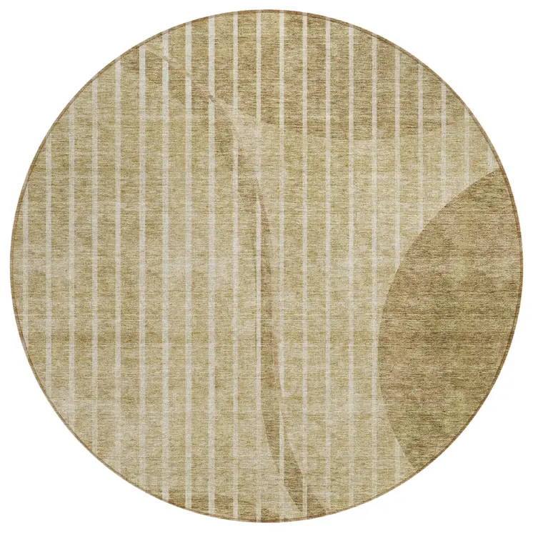 8' Brown Taupe And Ivory Round Striped Washable Indoor Outdoor Area Rug