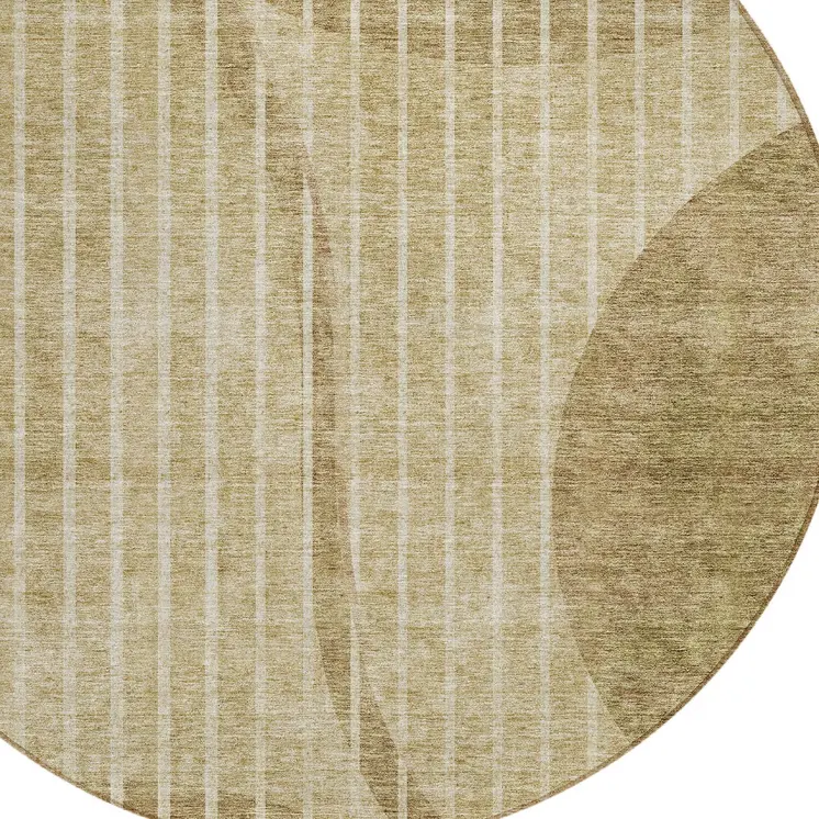 8' Brown Taupe And Ivory Round Striped Washable Indoor Outdoor Area Rug