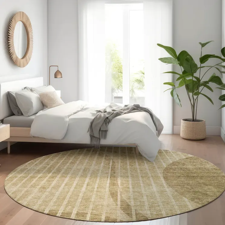 8' Brown Taupe And Ivory Round Striped Washable Indoor Outdoor Area Rug