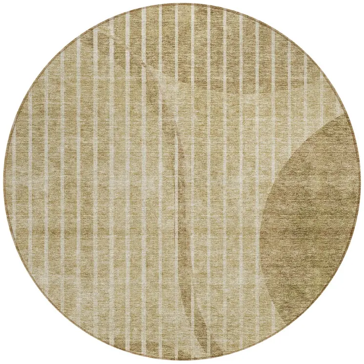 8' Brown Taupe And Ivory Round Striped Washable Indoor Outdoor Area Rug