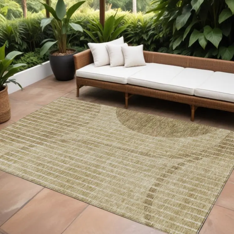 9' X 12' Brown Taupe And Ivory Striped Washable Indoor Outdoor Area Rug