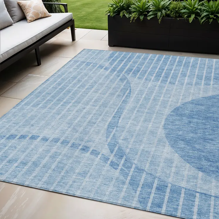 5' X 8' Denim Blue And Sky Blue Striped Washable Indoor Outdoor Area Rug