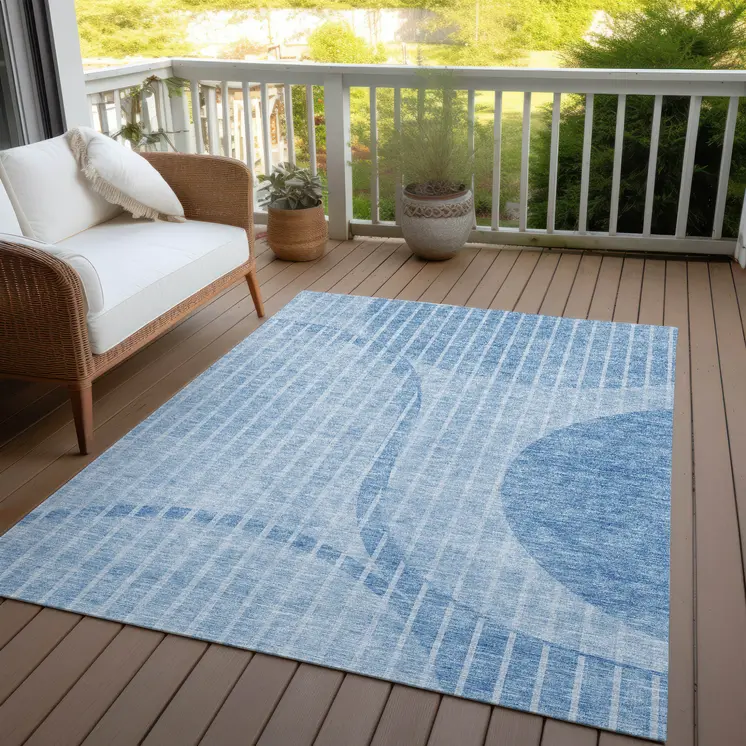 5' X 8' Denim Blue And Sky Blue Striped Washable Indoor Outdoor Area Rug