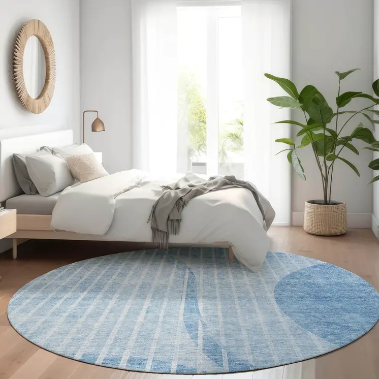 8' Denim Blue And Sky Blue Round Striped Washable Indoor Outdoor Area Rug