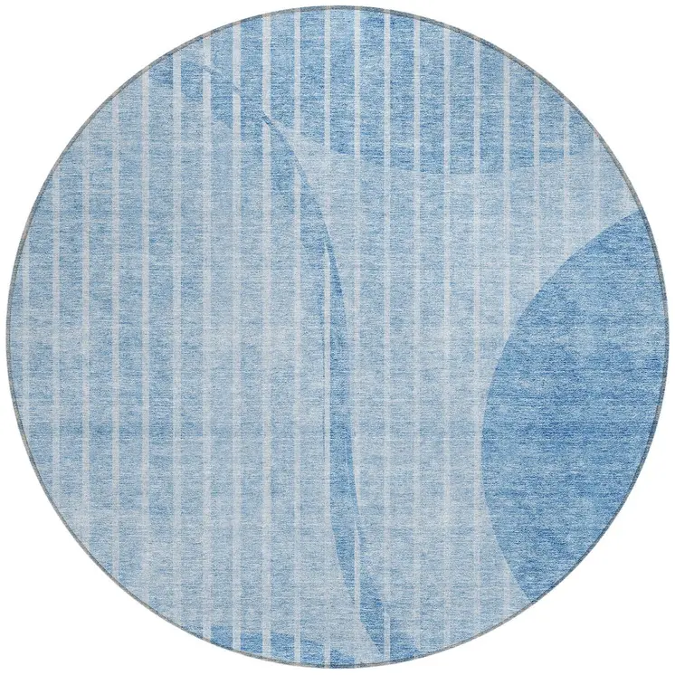 8' Denim Blue And Sky Blue Round Striped Washable Indoor Outdoor Area Rug