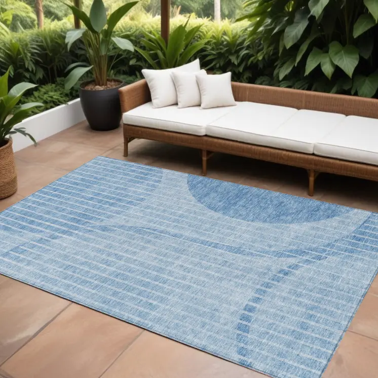 10' X 14' Denim Blue And Sky Blue Striped Washable Indoor Outdoor Area Rug