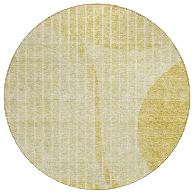 8' Gold Wheat And Ivory Round Striped Washable Indoor Outdoor Area Rug