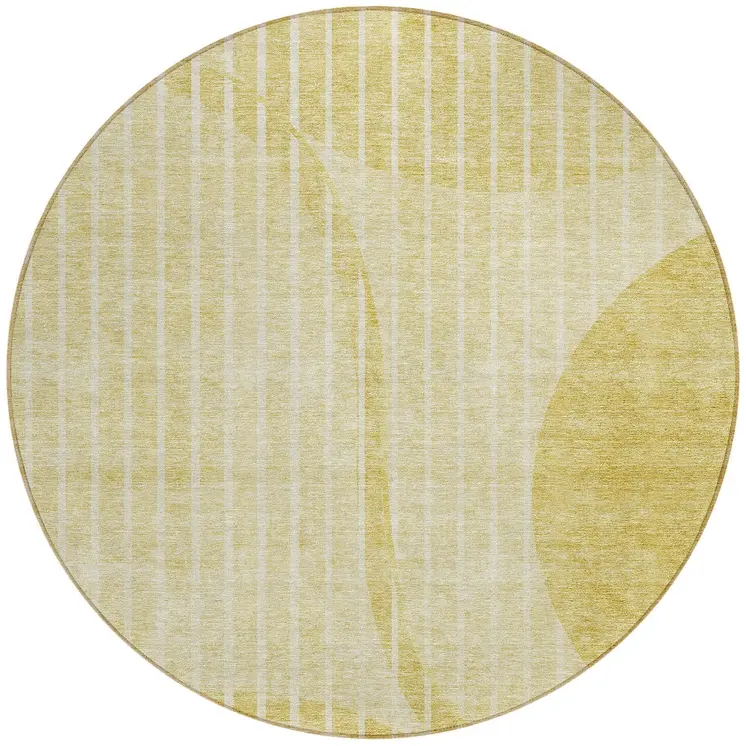 8' Gold Wheat And Ivory Round Striped Washable Indoor Outdoor Area Rug