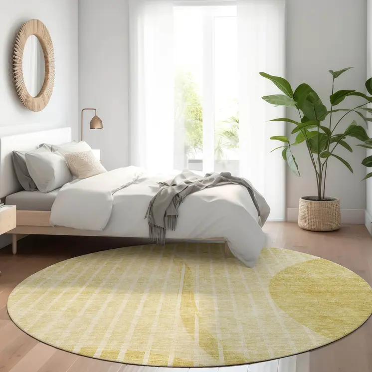 8' Gold Wheat And Ivory Round Striped Washable Indoor Outdoor Area Rug
