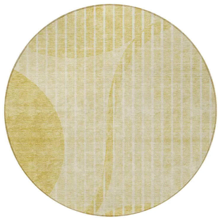 8' Gold Wheat And Ivory Round Striped Washable Indoor Outdoor Area Rug