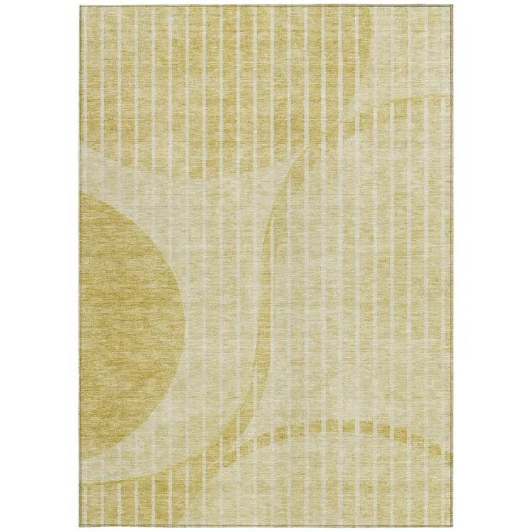 9' X 12' Gold Wheat And Ivory Striped Washable Indoor Outdoor Area Rug